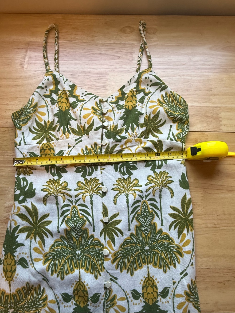 Tropical Palm Print Linen Maxi Slip Dress - Green, Yellow, and Tan - Picture 3 of 6